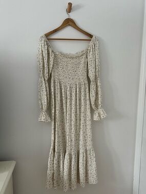 Smocked Floral Midi Dress in Cream